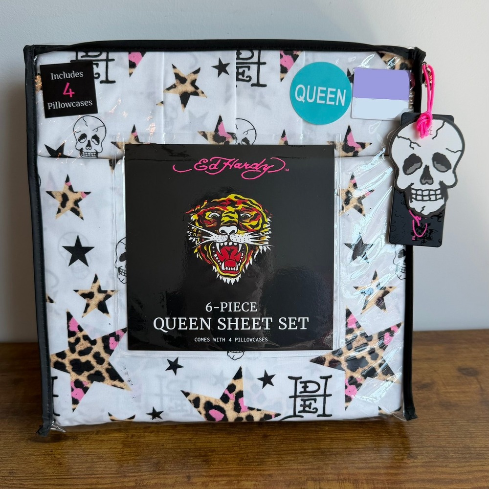 New Ed Hardy Queen 6 Pc Double Brushed Sheet Set White Leopard Pink Stars Y2K